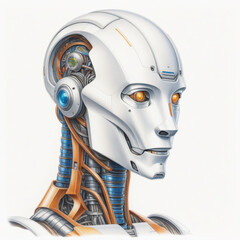 robot cyborg illustrations isolated white background , colored pencil drawing style