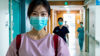 Fototapeta na wymiar A nurse standing inside a hospital hallway