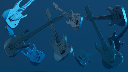 3D render of blue electric guitar isolated on colored background, falling Rock musical instruments, - obrazy, fototapety, plakaty