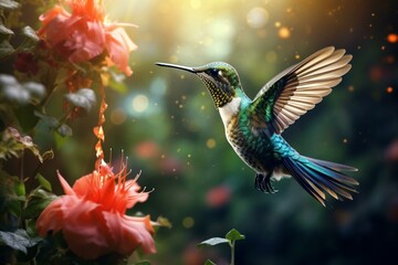 Beautiful hummingbird flying amidst lush foliage and blooming flowers. Generative AI