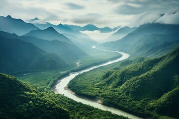 Bird's-eye view of wooded river and Asian mountain landscape. Generative AI