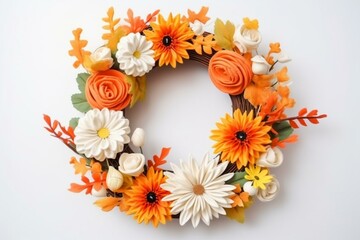Handcrafted wreath with adorable white and orange pumpkins and floral leaves on a white background. Generative AI