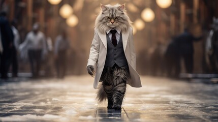 A cat wearing a suit and tie walking down a street. Fashion show. Generative AI. - Powered by Adobe