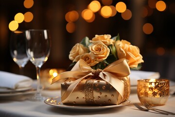 Fototapeta na wymiar Elegant napkin. Elegant table setting with candles and flowers in restaurant. Selective focus. Romantic dinner setting with candles and flowers on table in restaurant. 