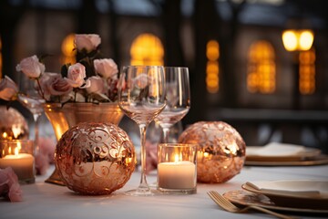 Christmas dinner table setting. Elegant table setting with candles in restaurant. Selective focus. Romantic dinner setting with candles on table in restaurant.
