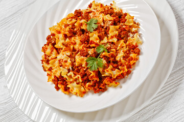 Lasagnette bolognese on white plate, top view