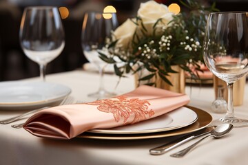 Fototapeta premium Elegant napkin. Elegant table setting with candles and flowers in restaurant. Selective focus. Romantic dinner setting with candles and flowers on table in restaurant. 