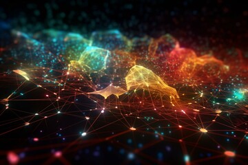 Naklejka na ściany i meble Vibrant interconnected web of digital data. Futuristic illustration depicting a network of advanced technology. Generative AI