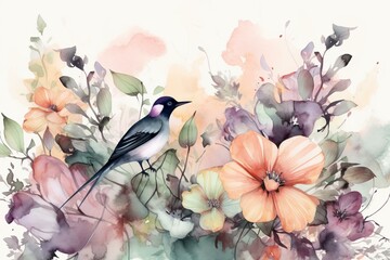 Lovely floral watercolor design with birds, pastel hues. Generative AI
