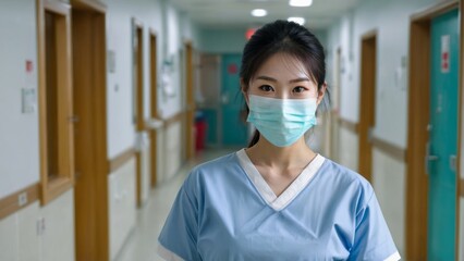 A nurse standing inside a hospital hallway