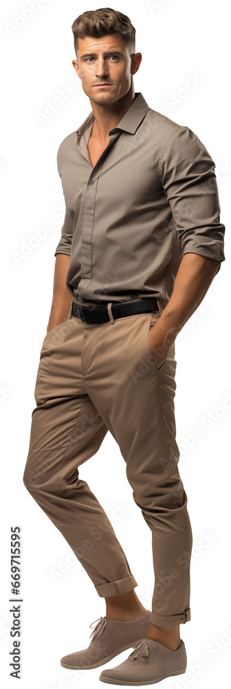 Sticker Isolated walking handsome young man wearing beige chino trousers and grey shirt, cutout on transparent background, ready for architectural visualisation