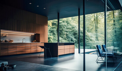 A modern kitchen with wooden cabinets in a forest.