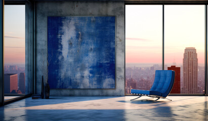 Blue chair in room with windows and city view.