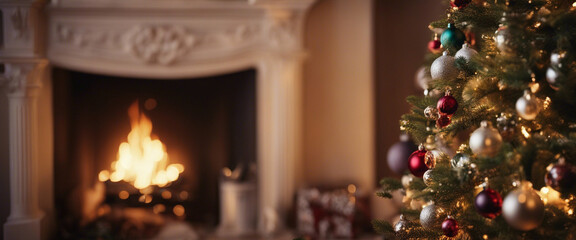 Christmas tree, decorated with New Year's toys, stands near the fireplace 2024