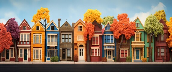 illustration of a neighborhood of colorful houses typical of nordic countries, concept architecture - 669715988