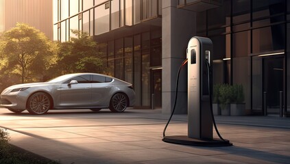 charging point for electric cars next to an electric car at the entrance of a hotel