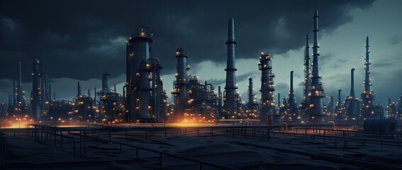 oil and diesel refinery with many gas pipelines, all illuminated at night - obrazy, fototapety, plakaty