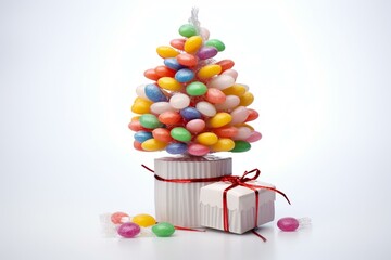 Festive tree with candy in gift box, on white background. Generative AI