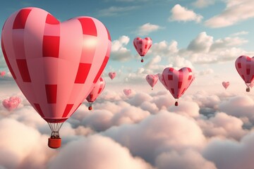 Heart-shaped air ball balloons soar amidst clouds. Digital artwork for Valentine's Day design. Generative AI
