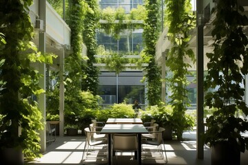 Growing plants vertically in an office courtyard. Generative AI - obrazy, fototapety, plakaty