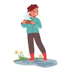 Little Boy Character Gleefully Sails His Toy Ship In Autumn Rain Puddle, His Eyes Filled With Wonder And Imagination