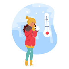 Little Girl Character Shivered, Enveloped By An Icy Chill. Her Quivering Lips, Icy Breath And Trembling Limbs