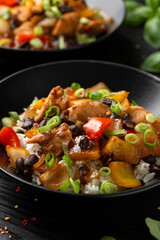 Stir fry Chicken with Black Bean, vegetables and rice