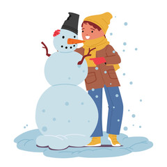 Little Boy Character, Bundled In Winter Gear, Joyfully Sculpts A Snowman A Heartwarming Winter Scene