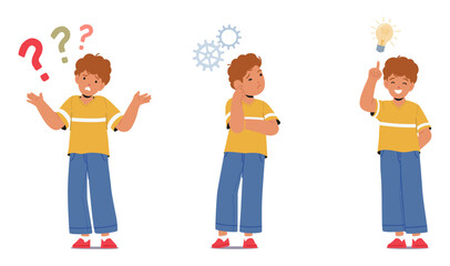 Confused Kids, Thoughtful Boy Character with Glowing Light Bulb. His Face Radiates The Joy Of Idea Illuminating Mind