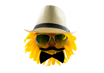 Blooming yellow sunflower in a hat, sunglasses, bow tie and mustache (close-up) on a transparent background