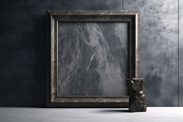 Innovative idea. Transparent granite wall with frame indoors. Dark grey black. Frame for product or design display. Copy space. View. Generative AI