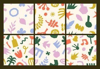 Naklejka premium Set of naive, colorful and minimalist seamless patterns with abstract and floral shapes