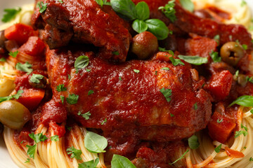 Cacciatore Chicken with spaghetti, vegetables, olives and tomatoes
