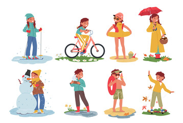 Little Kids Seasonal Activities, Boys and Girls Characters Skiing, Riding Bicycle, Relax on Beach, Mushrooming