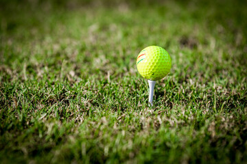 Yellow golf ball on white tee on fairway on golf course in Central Florida