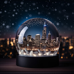 Close up of a snow globe with a cityscape of downtown Chicago with bokeh effect. City at night with snow on the ground. Concept of winter, holiday season and christmas.
