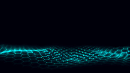 Obraz premium Abstract hexagon wave with blue light on black background. Science background with moving dots ang lines. Network connection technology. Digital structure with particles. 3d rendering.