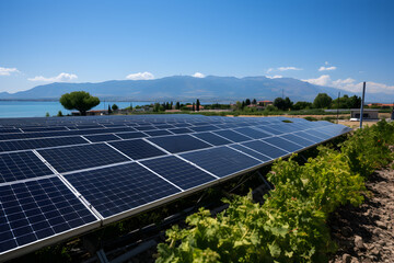 Placas solares paneles solares recibiendo luz del sol. Energía renovable solar fotovoltaica. Nueva instalación de paneles solares en el campo - obrazy, fototapety, plakaty