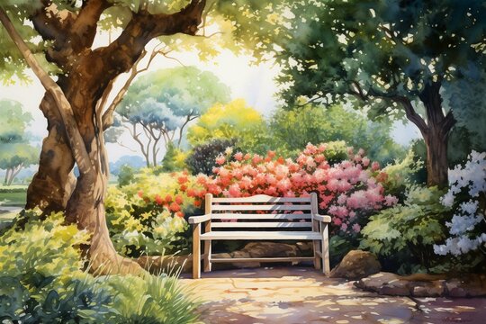Watercolor painting of a bench in a garden. Generative AI