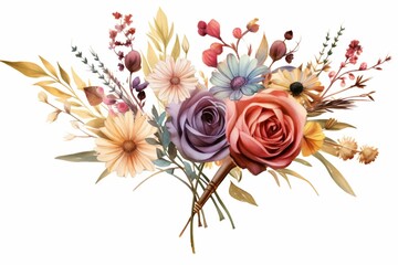 Artistic bouquet of watercolor flowers arranged in a rustic arrow pattern. Generative AI