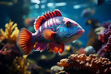 Underwater with colorful sea life fishes and plant at seabed background, Colorful Coral reef landscape in the deep of ocean. Marine life concept, Underwater world scene