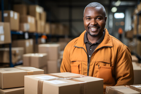 Positive happy middle-aged employee man in uniform smile look at camera posing against a lot of stacked cardboard boxes, parcels. Mature male worker standing in warehouse preparing goods for dispatch