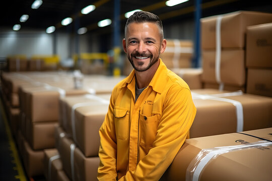 Positive happy middle-aged employee man in uniform smile look at camera posing against a lot of stacked cardboard boxes, parcels. Mature male worker standing in warehouse preparing goods for dispatch