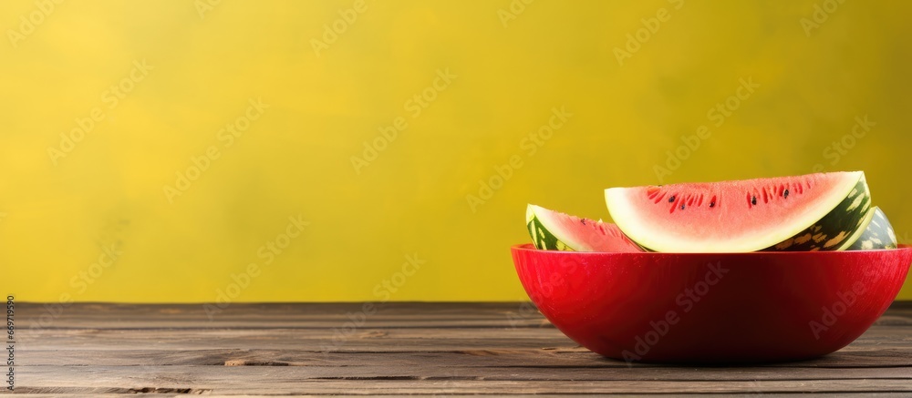 Canvas Prints Yellow watermelon on a wooden table with a red plate