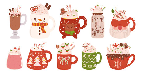 Set Winter Of Drinks. Cups With Hot Beverage And Decoration For Wintertime Season Holidays. Mugs Of Cocoa