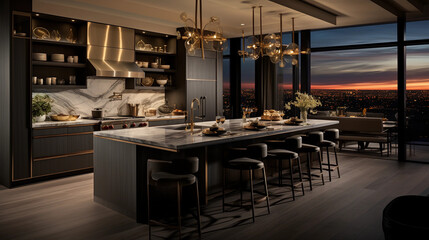 A luxury penthouse kitchen with marble countertops, a chef's island, and panoramic city views