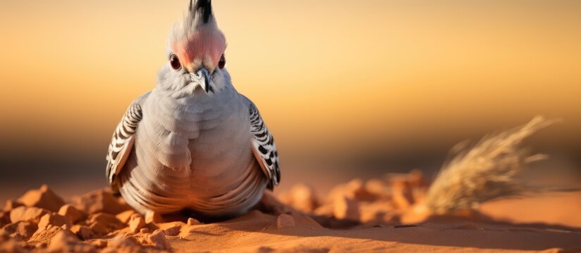 Crested pigeon observed on desert sand background looking at the camera