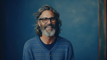 Obraz premium Charming Gaze: A Mature Hipster Gentleman with Eyeglasses Set Against a Soft Dark Blue Wall.