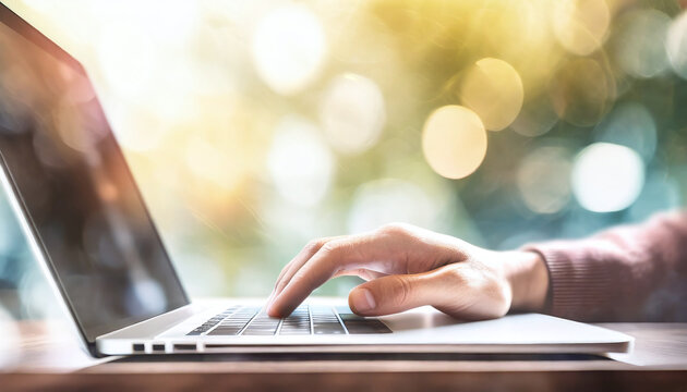 person typing on laptop with green bokeh in the background symbol for work life balance