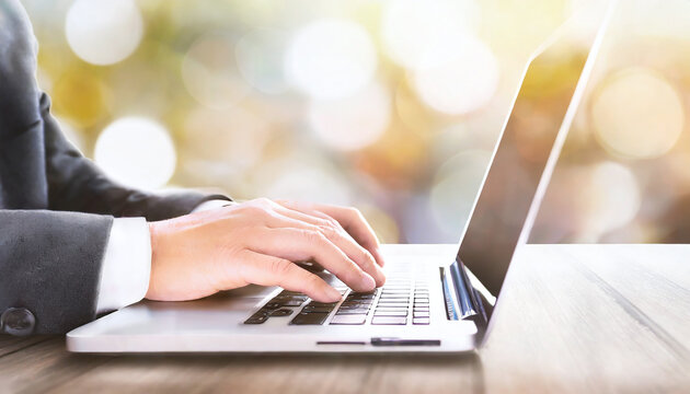 person typing on laptop with green bokeh in the background symbol for work life balance